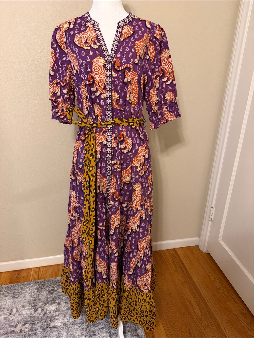 Printfresh Purple Maxi Dress with Orange Print and Mustard Leopard Belt
